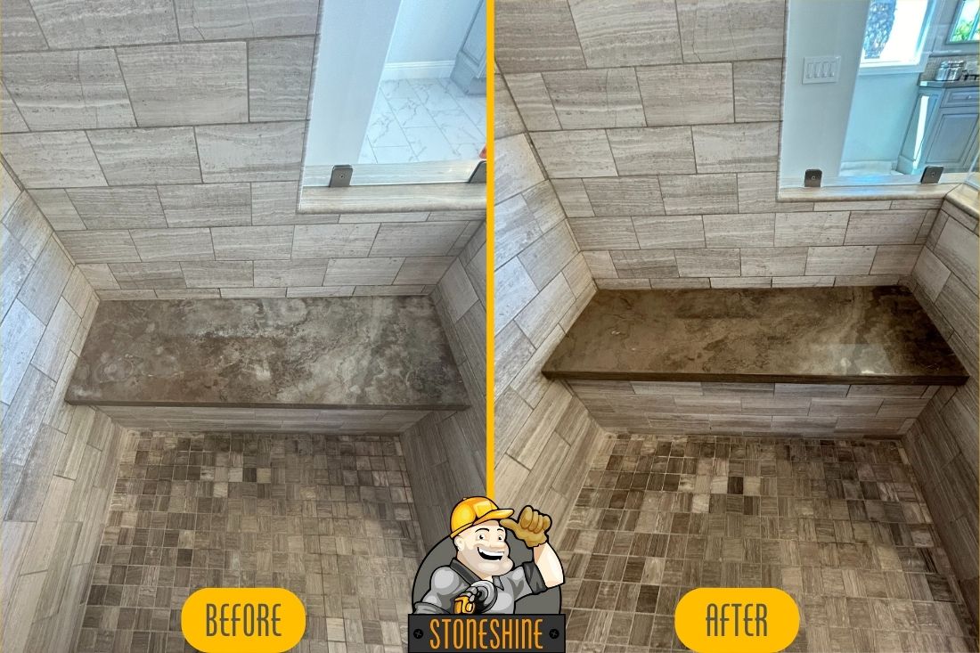 Before and after comparison of limestone restoration in Newport Beach shower. StoneShine expertly removed stains and etching, revealing a smooth, polished limestone bench surface.