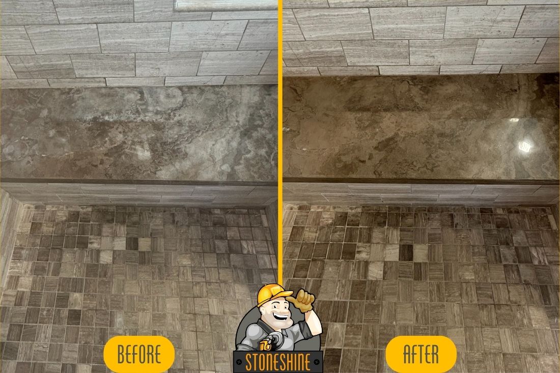 Close-up of before and after of shower for our limestone bench restoration in Newport Beach. StoneShine craftsmen removed stains and etching to bring back the limestone's natural beauty and enhance durability.