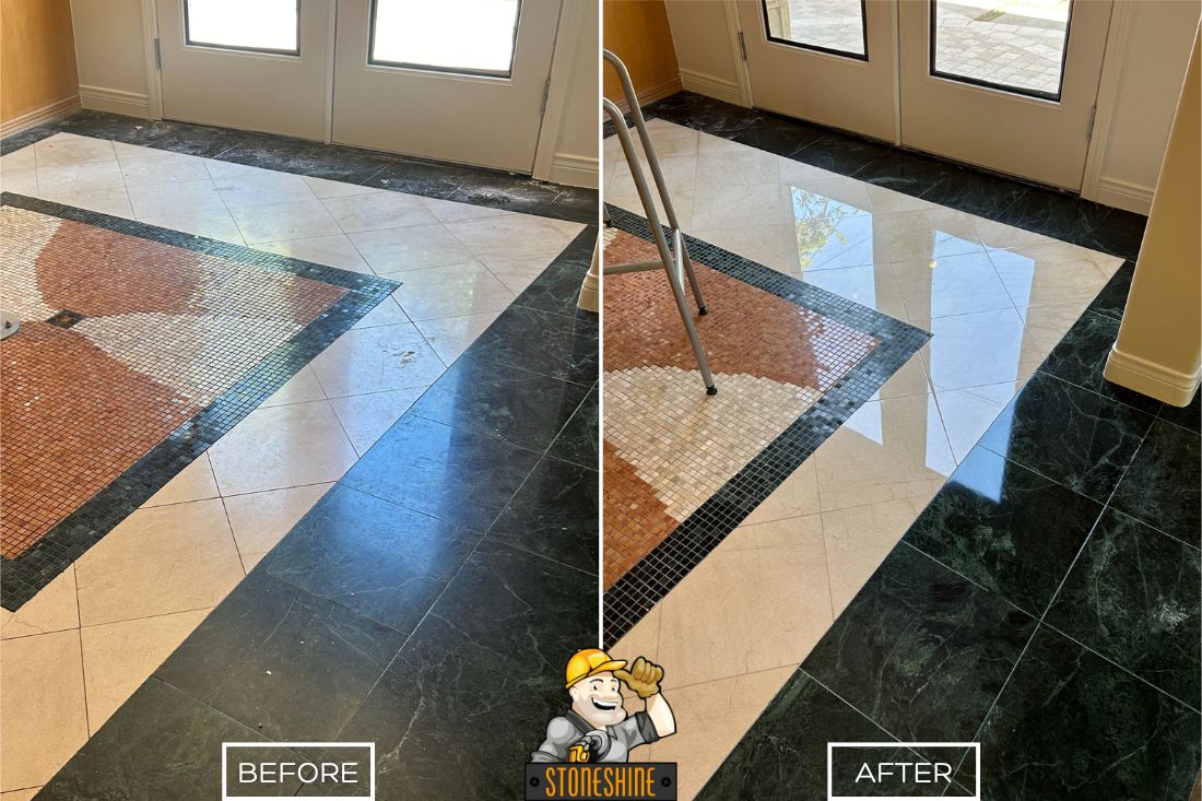 Before and after of marble floor polishing service in Huntington Beach.