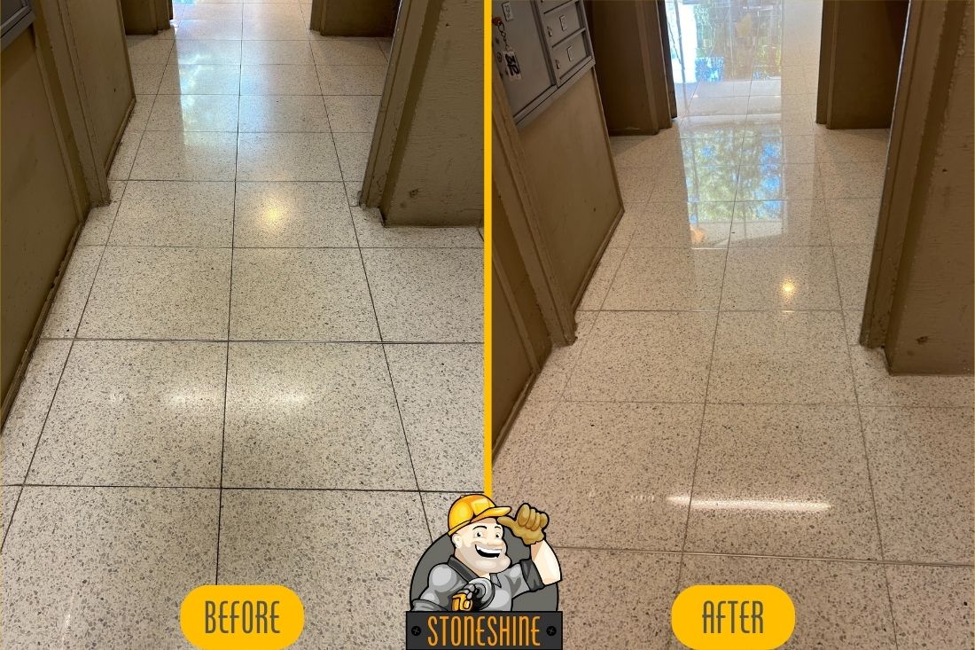 Before and after comparison of Terrazzo floor restoration in West Hollywood, showcasing cleaning, polishing, and sealing results by StoneShine.