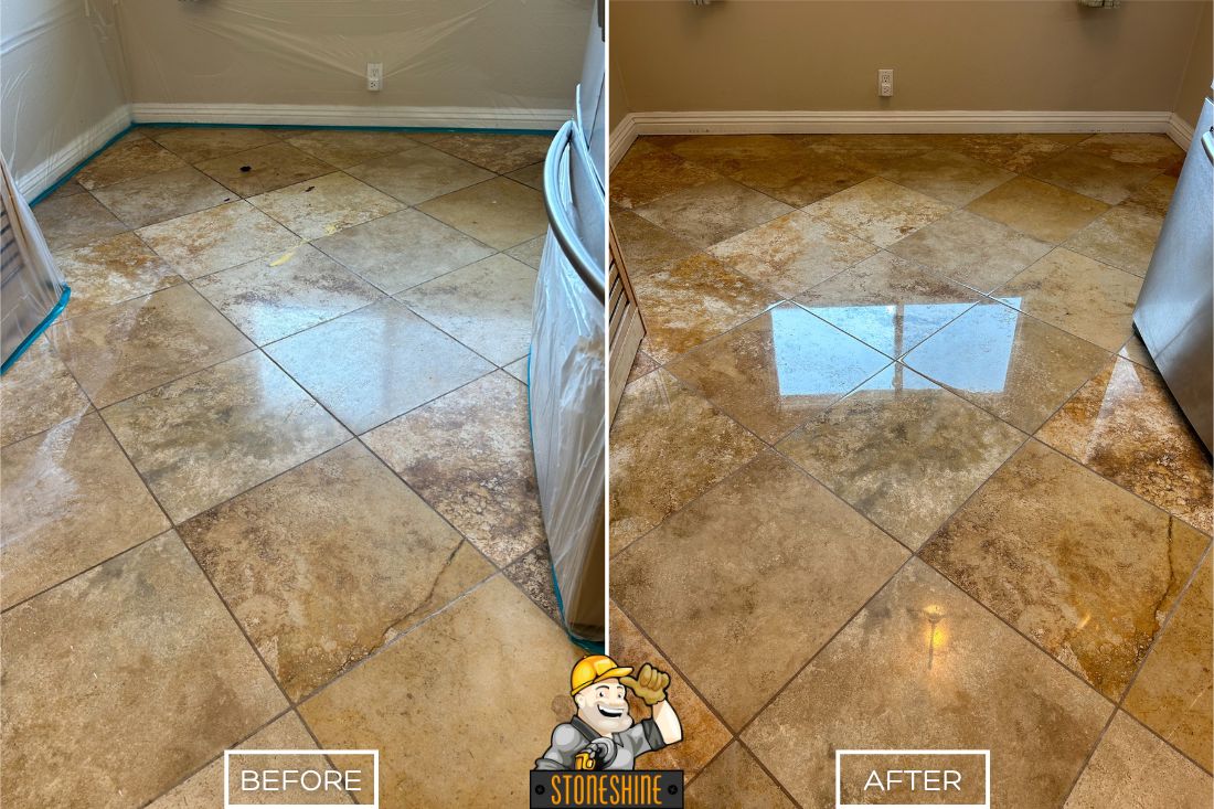 Before and after comparison of a travertine floor restoration in Aliso Viejo, showcasing deep cleaning, polishing, and sealing for a vibrant, glossy finish.