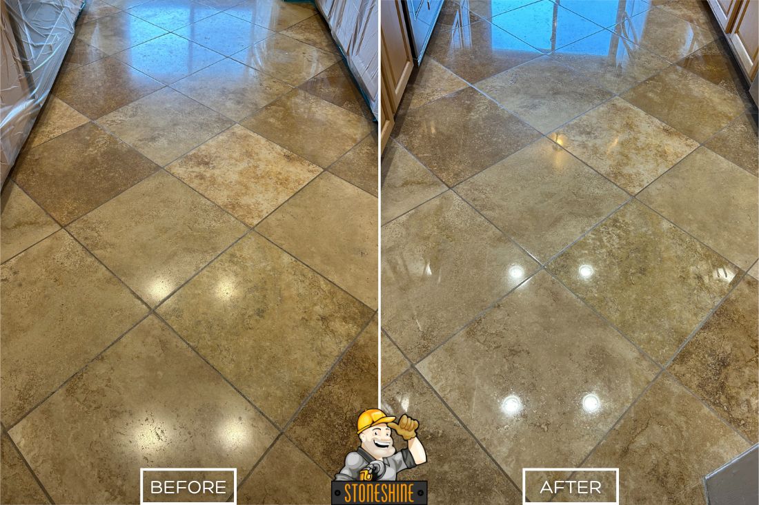 Close-up before and after view of a travertine floor restoration in Aliso Viejo, highlighting deep cleaning, polishing, and sealing for a smooth, reflective surface.