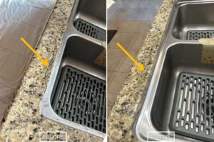 Before and after StoneShine's granite countertop crack repair service in Corona. A cracked and damaged granite edge near the sink is seamlessly restored to a smooth, polished, and durable finish