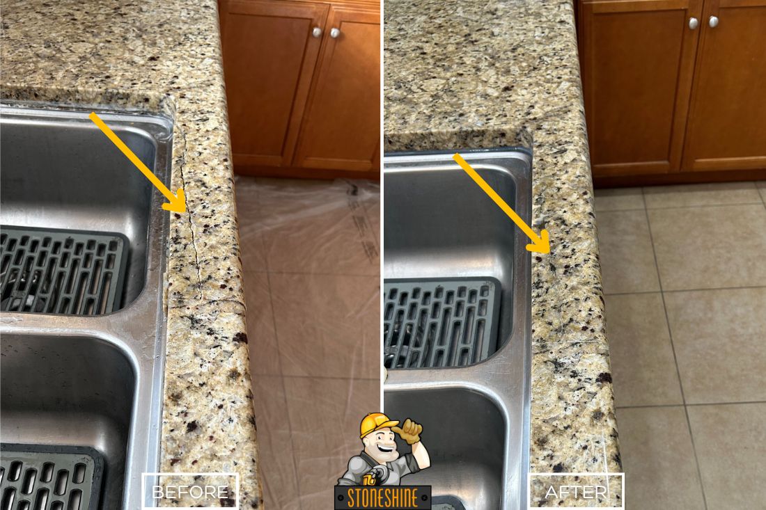 Before and after StoneShine's granite countertop crack repair service in Corona. A cracked granite edge near the sink is expertly restored to a smooth, polished finish, seamlessly blending with the countertop for a like-new appearance.