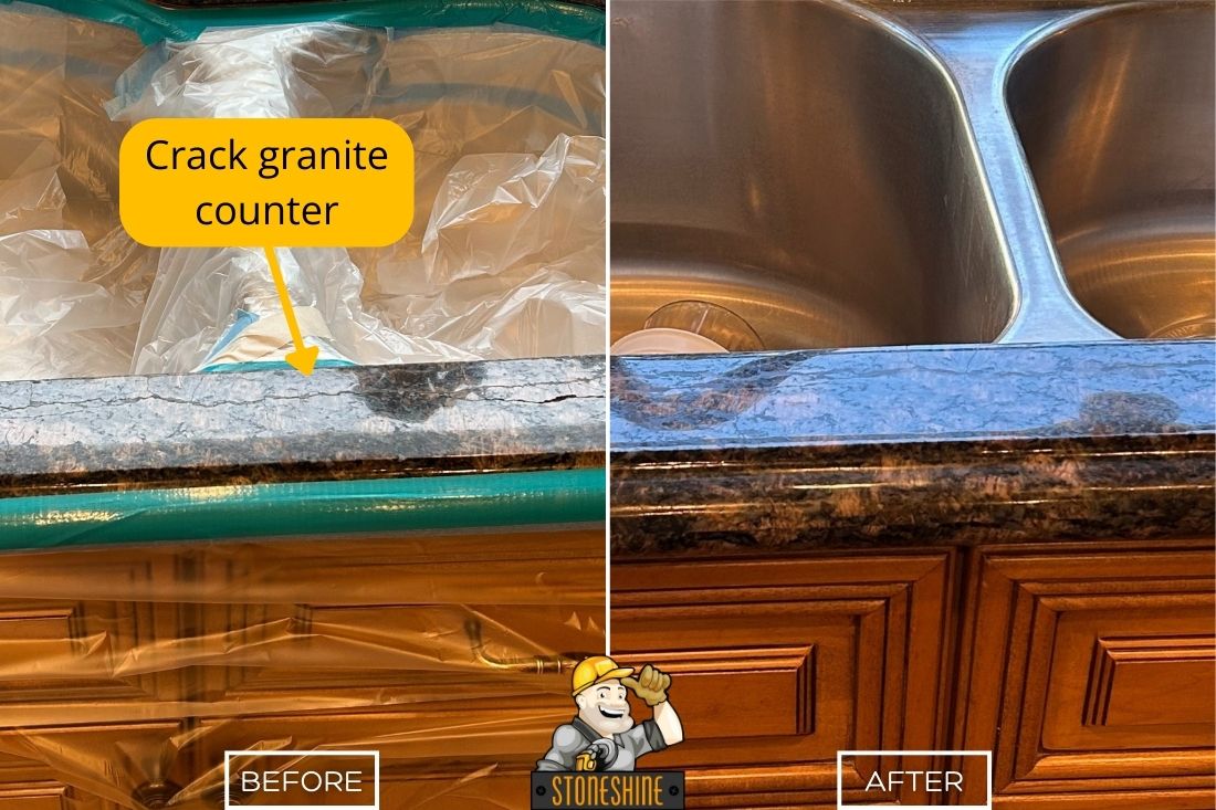 Before and after StoneShine's granite countertop crack repair service in Newport Beach. A damaged and cracked granite counter near a kitchen sink is expertly restored to a smooth, polished, and seamless finish.