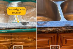 Before and after of StoneShine's granite countertop crack repair service in Newport Beach. A cracked and damaged granite counter is seamlessly restored to a smooth and polished surface.