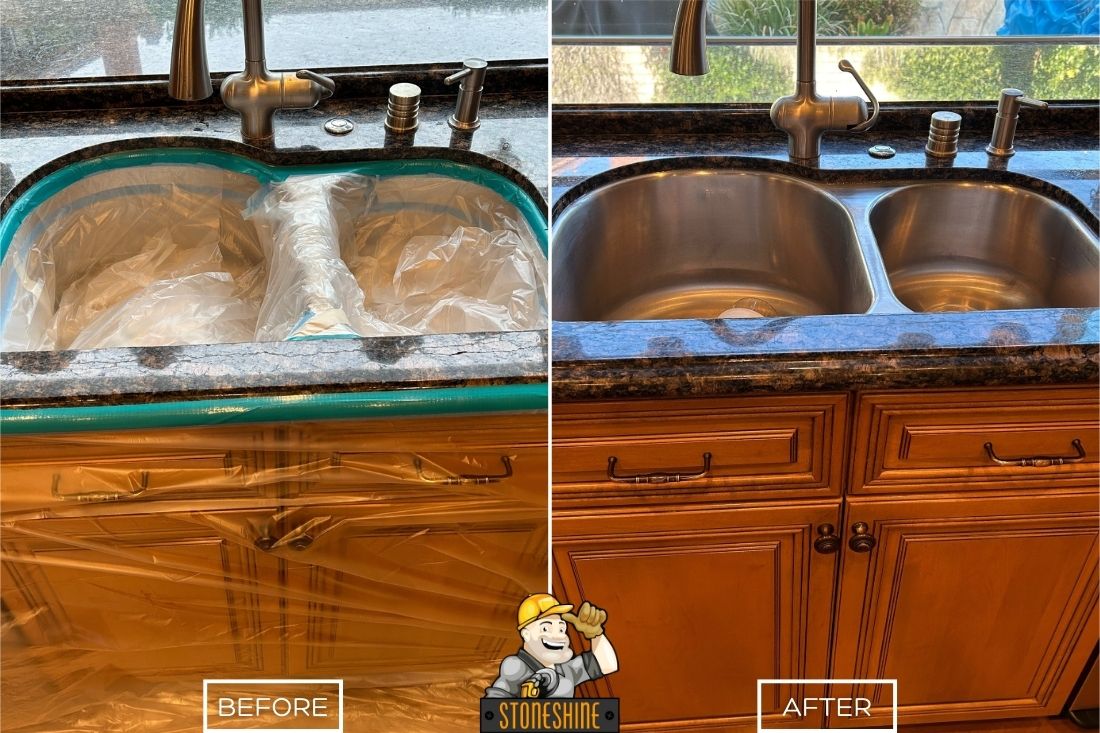 Before and after StoneShine's granite countertop restoration service in Newport Beach. A kitchen countertop with cracks and protective coverings is transformed into a polished, seamless, and durable surface.