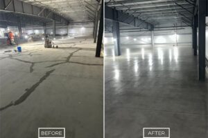 Before and after of StoneShine's industrial concrete polishing service in Huntington Beach. A cracked and uneven warehouse floor is transformed into a smooth, polished, and durable surface, enhancing its functionality and appearance.