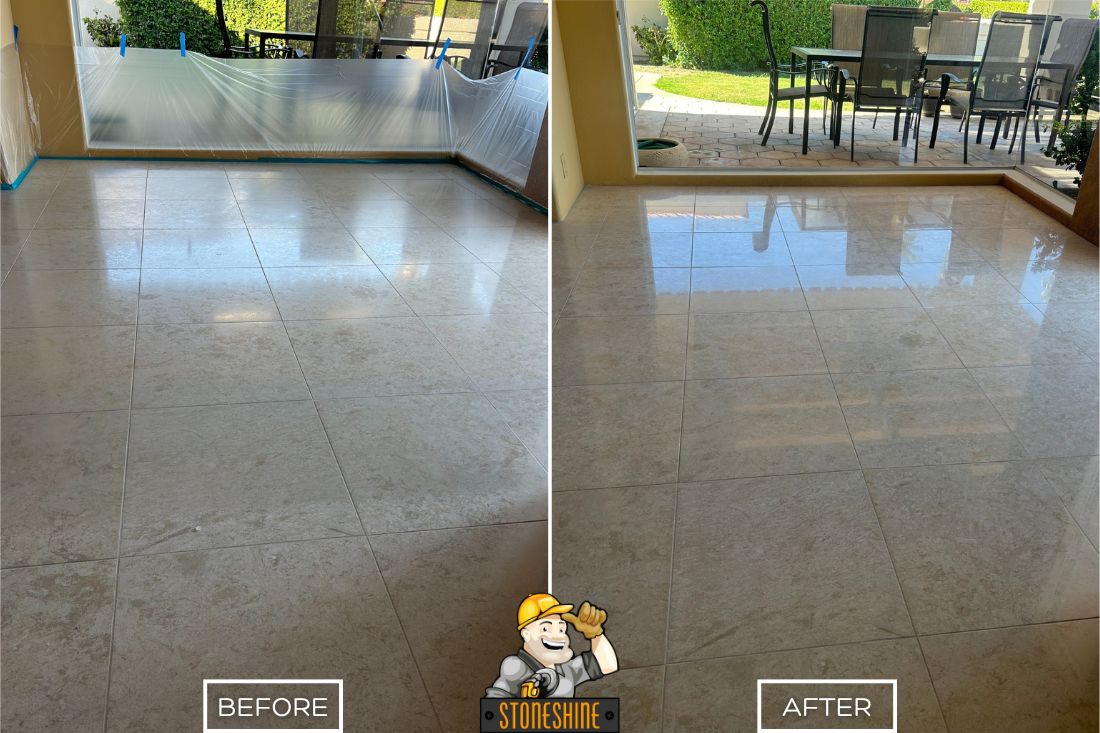 Before and after of limestone polishing service in Huntington Beach