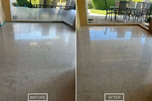 Before and after of StoneShine's limestone polishing service in Huntington Beach. A dull and lightly stained indoor limestone floor is transformed into a polished surface.