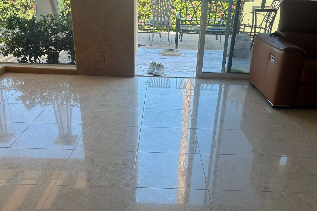 Polished limestone floor at the doorway after the polishing service in Huntington Beach