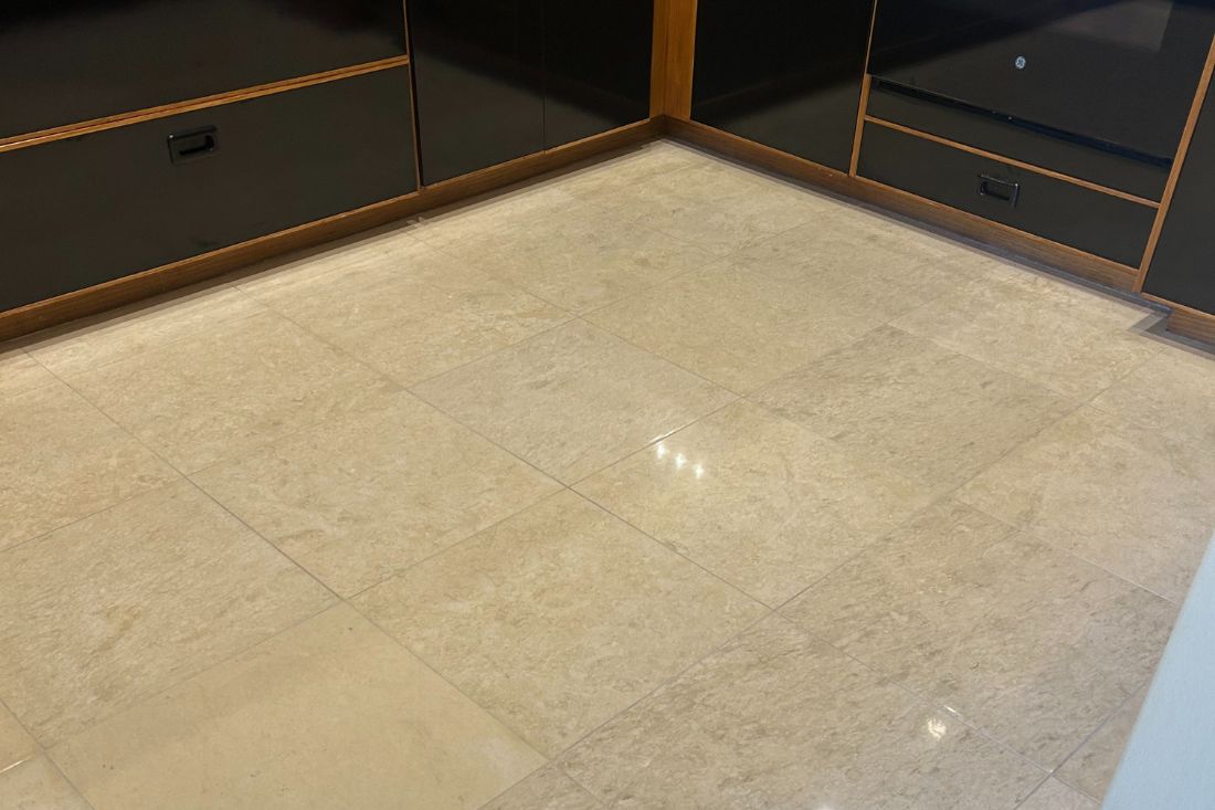 Limestone floor after the polishing service in Huntington Beach