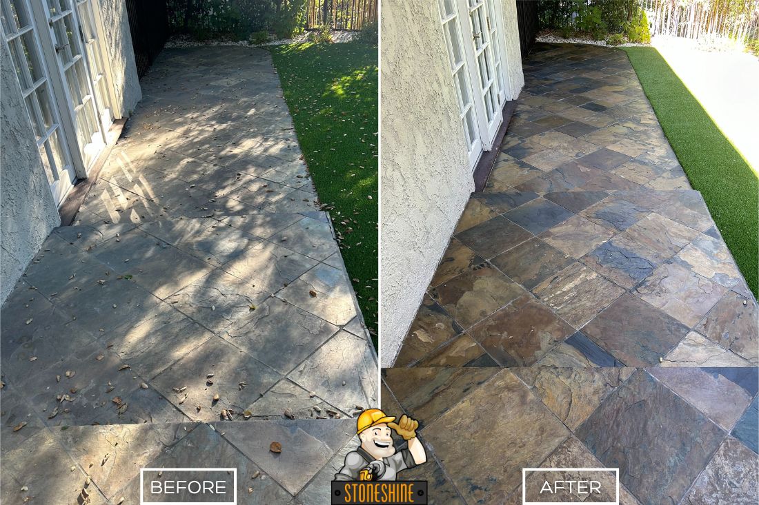 Before and after StoneShine's slate cleaning and sealing service in Huntington Beach. A dull and weathered patio floor is transformed into a clean, vibrant, and sealed surface, enhancing its natural beauty and longevity.