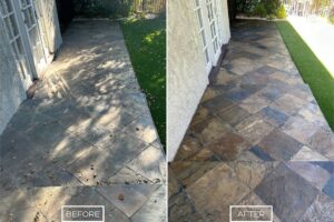 Before and after of StoneShine's slate cleaning and sealing service in Huntington Beach. A weathered and dull slate patio is transformed into a clean, vibrant, and well-sealed surface.