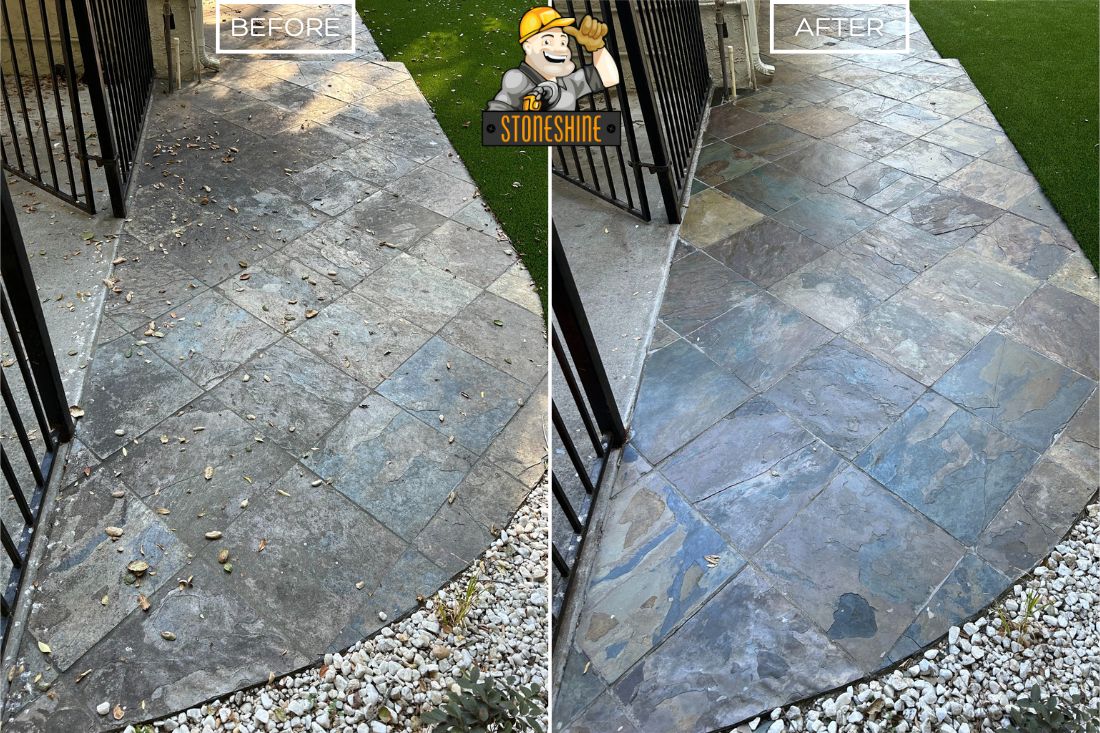 Before and after StoneShine's slate cleaning and sealing service in Huntington Beach. A worn and discolored walkway is transformed into a clean, vibrant, and sealed surface.