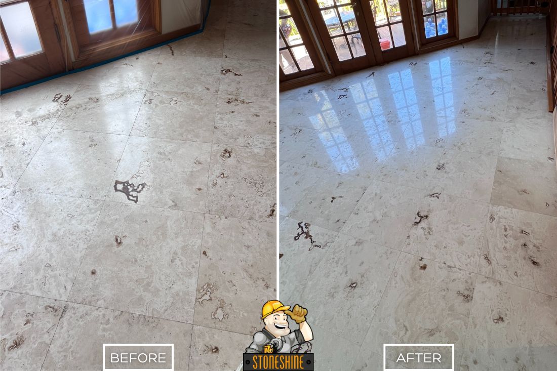 Before and after of StoneShine's travertine floor restoration service in West Hollywood. A dull and worn travertine floor on the left is transformed with a smooth satin finish on the right.