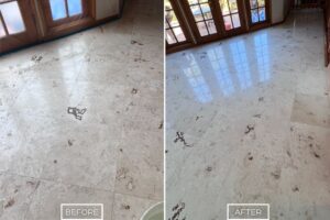 Before and after of StoneShine's travertine floor restoration service in West Hollywood. A dull travertine floor shown on the left and the restored floor with a satin finish on the right.