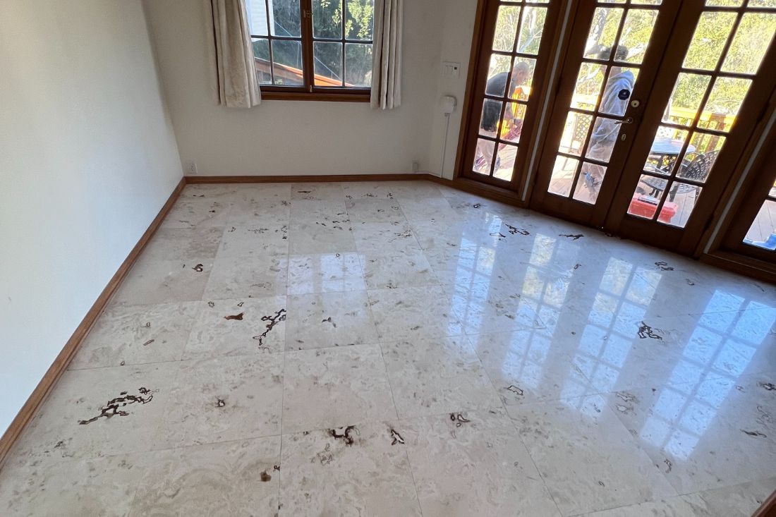 Restored travertine floor after StoneShine's travertine floor restoration service in West Hollywood.