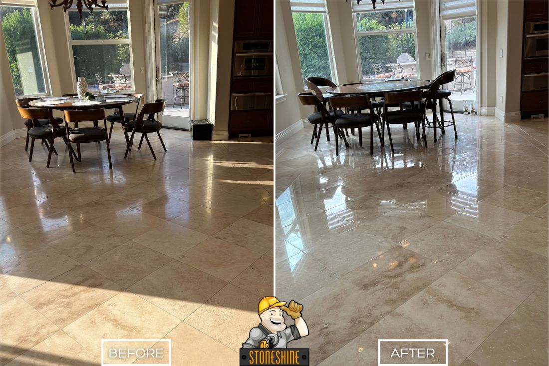 Before and after of StoneShine's travertine restoration in Chino Hills. A dull and worn travertine floor in a dining area is transformed into a polished, reflective, and elegant surface.