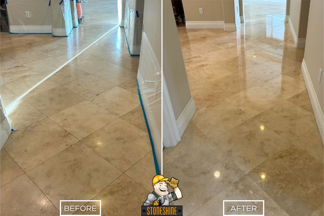 Before and after of StoneShine's travertine restoration service in Chino Hills. A dull travertine floor is transformed into a smooth, polished, and reflective surface, enhancing the space's elegance.