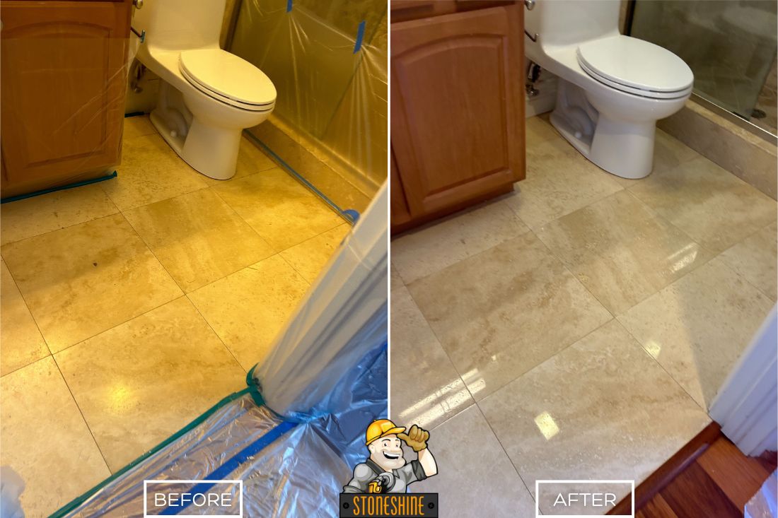 Before and after of StoneShine's travertine bathroom floor restoration in Chino Hills. A dull and stained travertine floor is transformed into a clean, polished, and elegant surface, enhancing the bathroom's appearance.