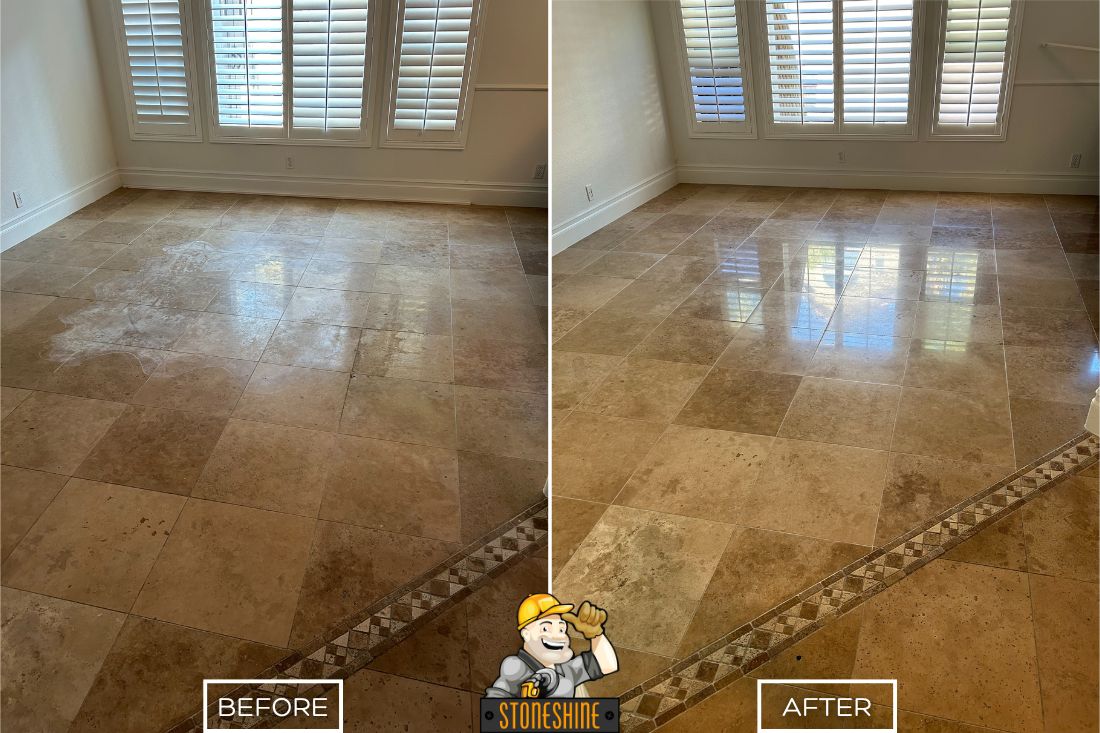 Before and after of StoneShine's travertine restoration service in Corona. A dull and etched travertine floor is transformed into a smooth and polished surface.