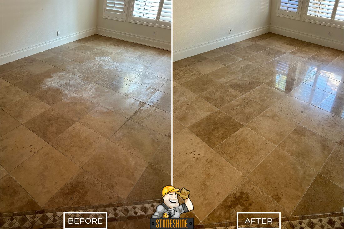 Before and after of StoneShine's travertine restoration service in Corona. A heavily etched and dull travertine floor is expertly restored to a polished, smooth finish, enhancing the elegance and brightness of the room.