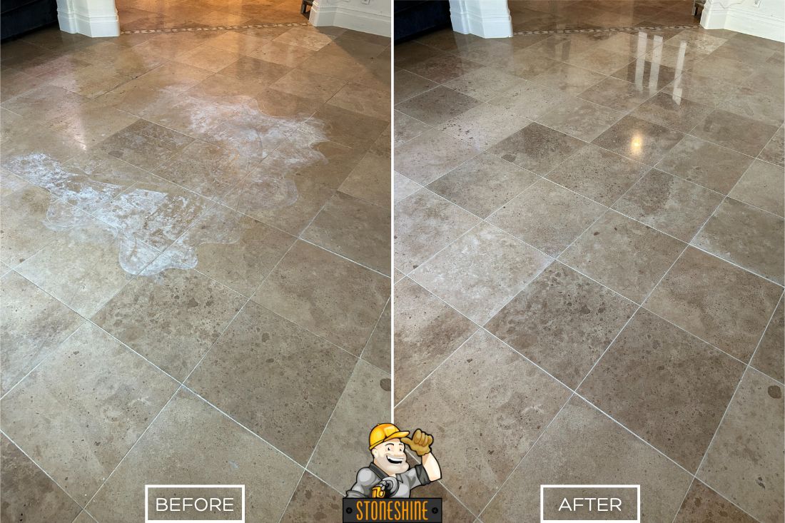 Before and after of StoneShine's travertine restoration service in Corona. Etched and dull travertine floor is transformed into a smooth and glossy surface.